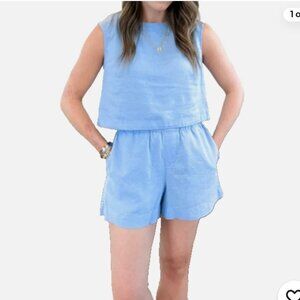Light Blue Sleeveless Linen Top & Shorts Set